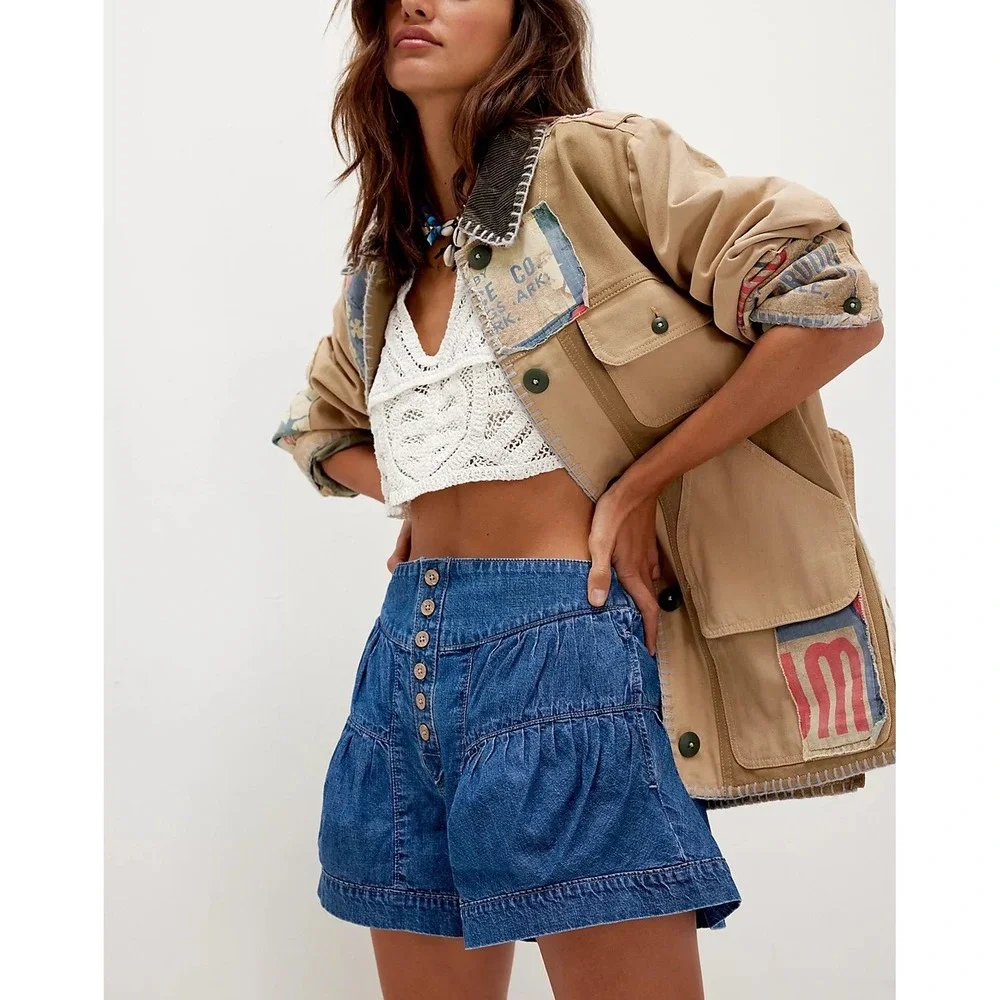 We The Free Fleur Denim Shorts Womens S Blue Ruffle Tiered Button